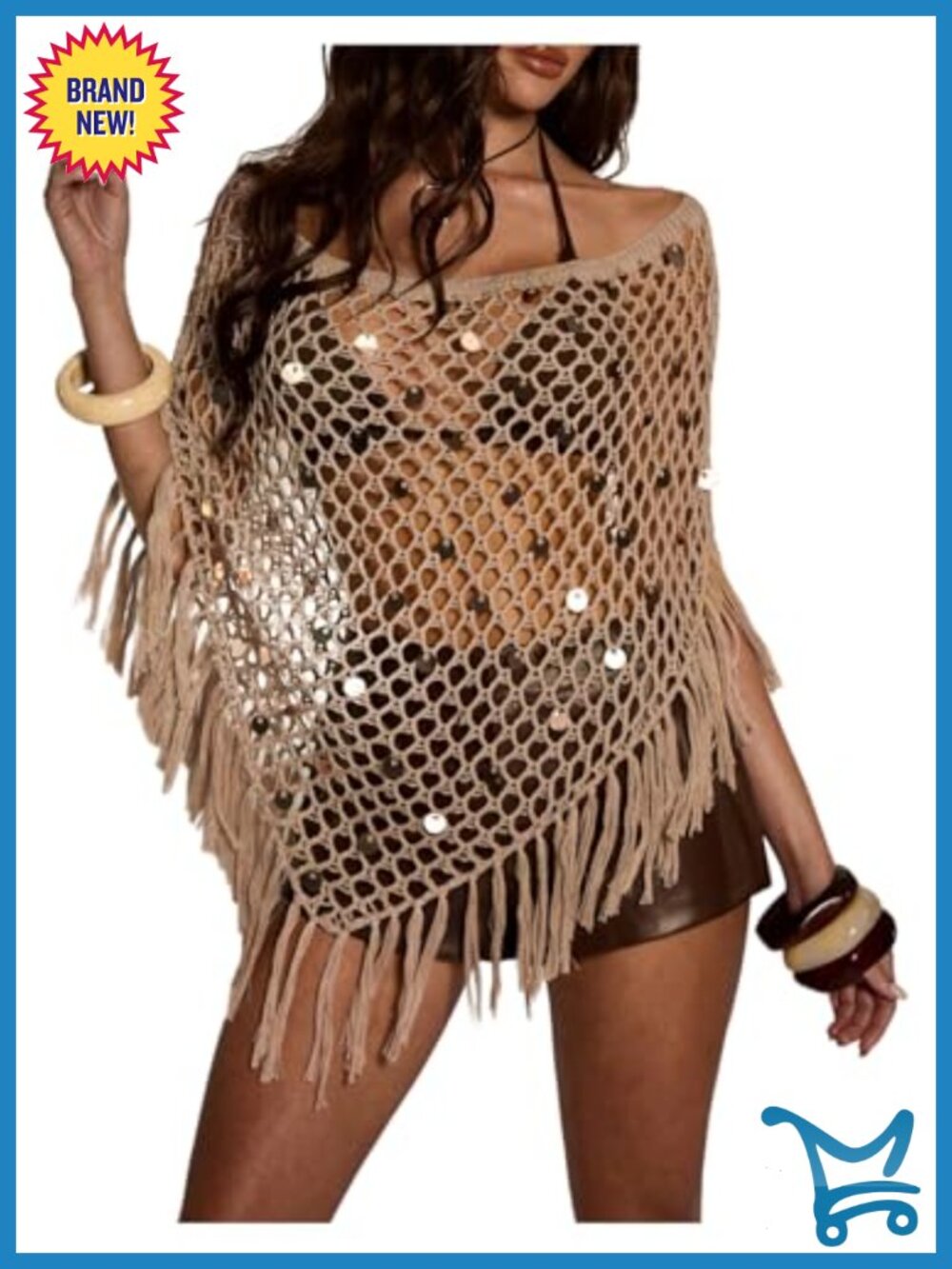 Sequined Crochet Poncho Top Tassel Hollow Out Off Shoulder Coverup